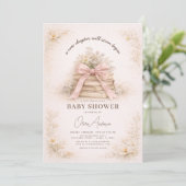 New Chapter Begins Pink Bow Books Baby Shower Einladung (Stehend Vorderseite)