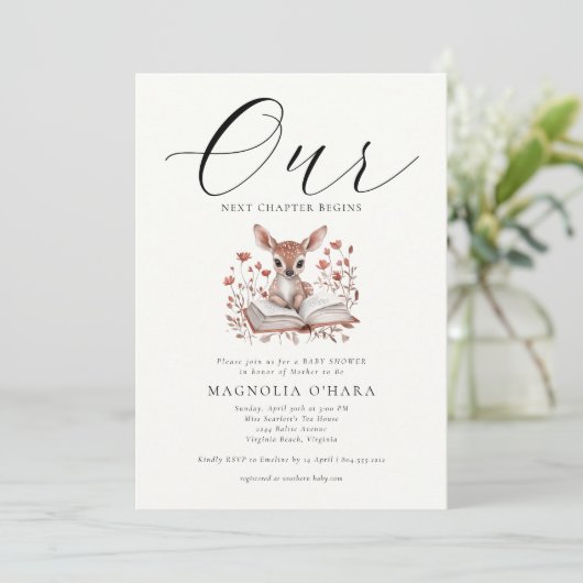 New Chapter Begins Storybook Floral Baby Shower Einladung (Stehend Vorderseite)