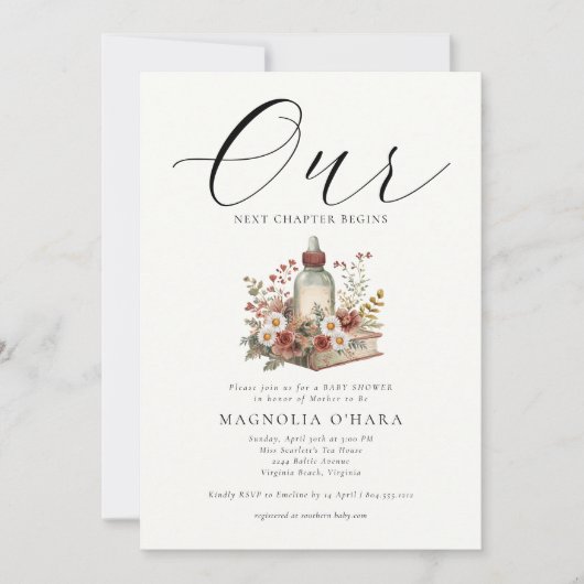 New Chapter Begins Storybook Floral Baby Shower Einladung (Vorderseite)