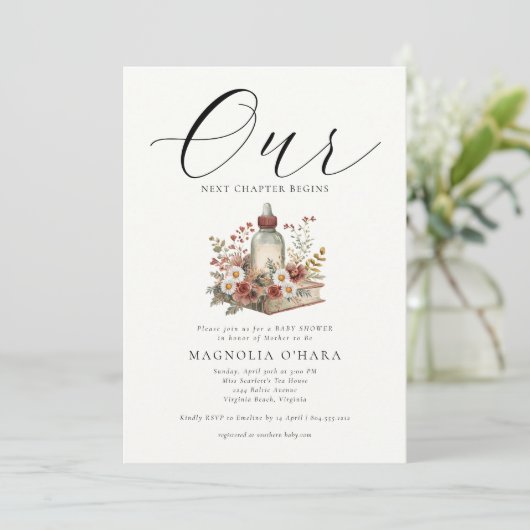 New Chapter Begins Storybook Floral Baby Shower Einladung (Stehend Vorderseite)