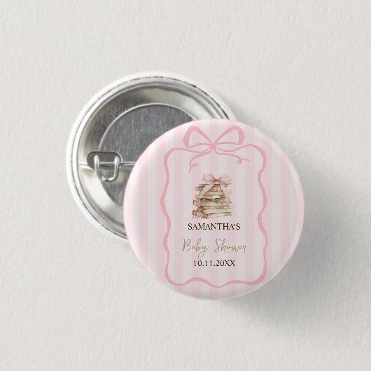 New Chapter Pink Bow Stripes Baby Shower Button (Vorne & Hinten)
