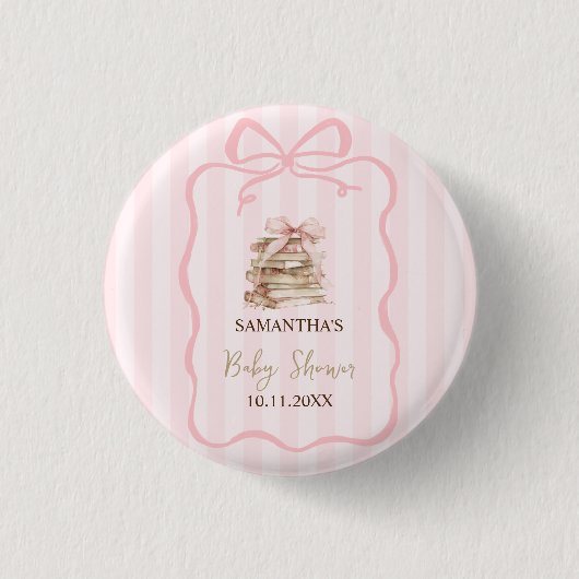 New Chapter Pink Bow Stripes Baby Shower Button (Vorderseite)