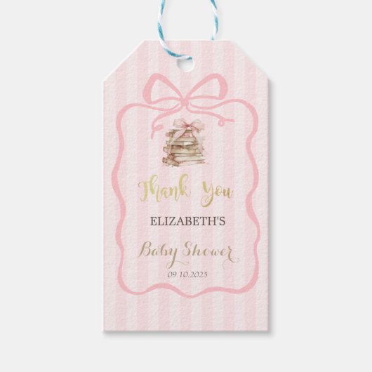 New Chapter Pink Bow Stripes Baby Shower Geschenkanhänger (Vorderseite)