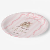 New Chapter Pink Bow Stripes Baby Shower Pappteller (Schrägansicht)