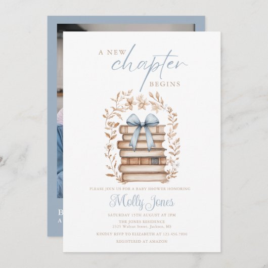New Chapter Storybook Blue Baby Shower Photo Einladung (Vorne/Hinten)