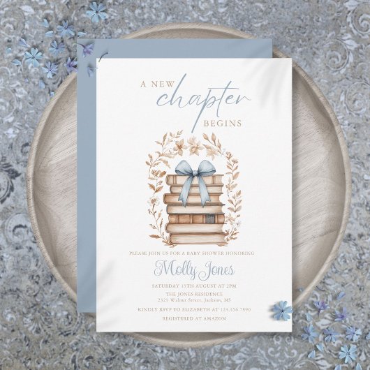 New Chapter Storybook Blue Bow Baby Shower Einladung