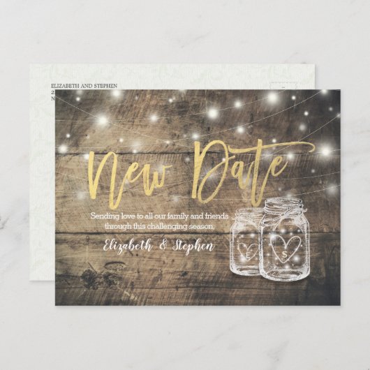 New Date Wedding Postponement Mason Jar Wood Light Ankündigungspostkarte (Vorne/Hinten)