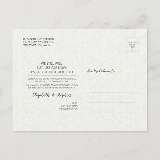 New Date Wedding Postponement Mason Jar Wood Light Ankündigungspostkarte (Rückseite)