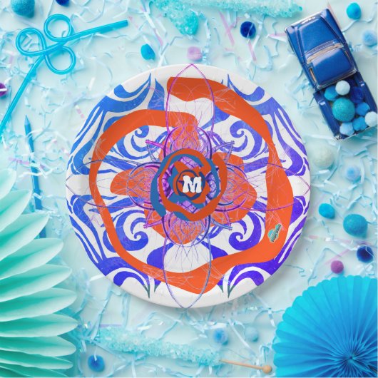New Deko Monogram Orange Blue Rose Pappteller (Party)