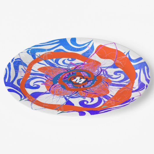 New Deko Monogram Orange Blue Rose Pappteller (Schrägansicht)
