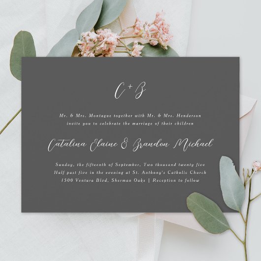 New Elegance Calligraphy Monogram Names Grey Einladung