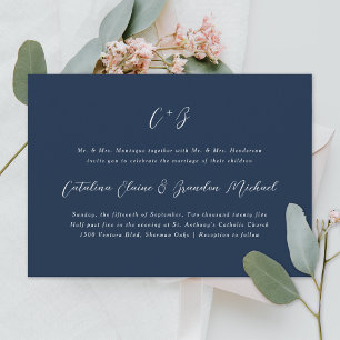 New Elegance Calligraphy Monogram Names Navy Blue Einladung