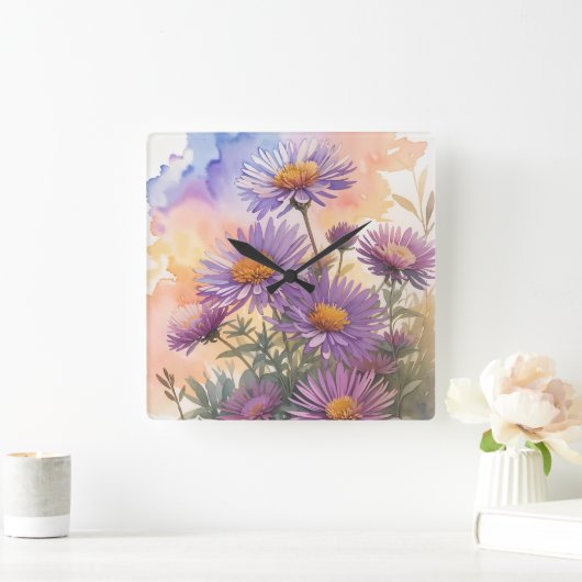 New England Aster Quadratische Wanduhr (Zuhause)