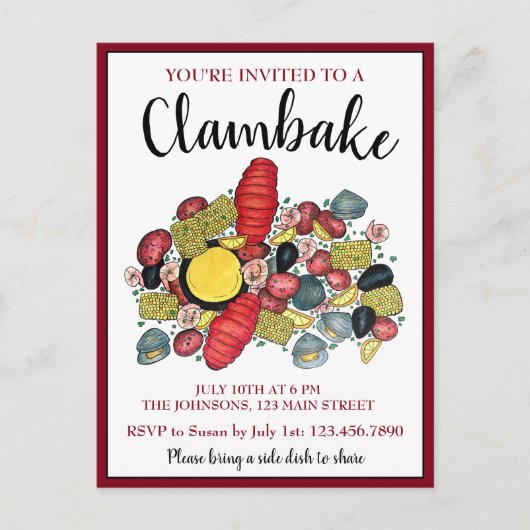 New England Lobster Booking Clambake Seafood Dinne Einladungspostkarte (Vorderseite)