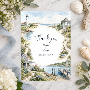 New England Romantische Leuchtturm Küstenhochzeit Dankeskarte