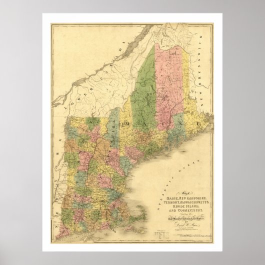 New England Staaten Karte 1839 Poster (Vorne)