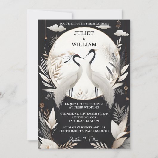 New Feather Rustic Asian Sky Cloud Crane Wedding Einladung (Vorderseite)