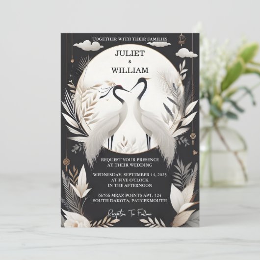 New Feather Rustic Asian Sky Cloud Crane Wedding Einladung (Stehend Vorderseite)