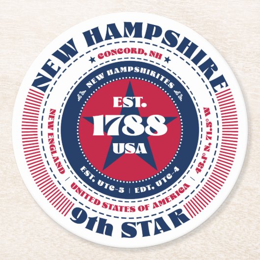 New Hampshire Red White Blue Typografy Runder Pappuntersetzer (Vorderseite)