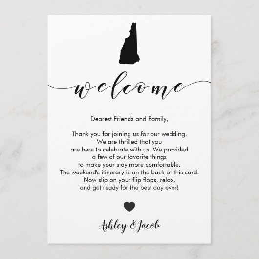 New Hampshire Wedding Welcome Letter & Itinerary Programm (Vorderseite)