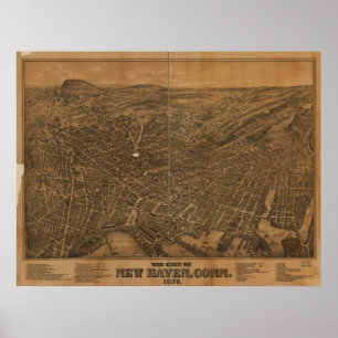 New Haven Connecticut 1879 Antique Panoramabalkart Poster