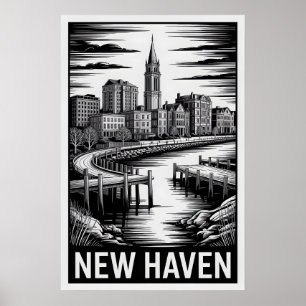 New Haven Connecticut Skyline Schwarz Weiß Holzsch Poster