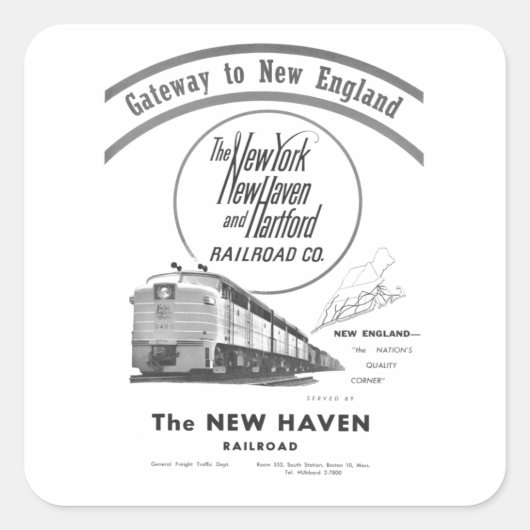 New Haven Railroad-Gateway nach New England 1950 Quadratischer Aufkleber (Vorderseite)