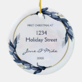 New Home Blue Floral First Home Christmas  Keramik Ornament (Hinten)