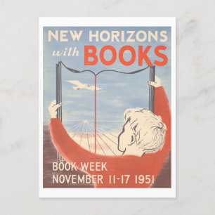 "New Horizons with Books" Vintages Library Poster Postkarte
