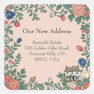 New House Address William Morris Inspired Greenery Quadratischer Aufkleber