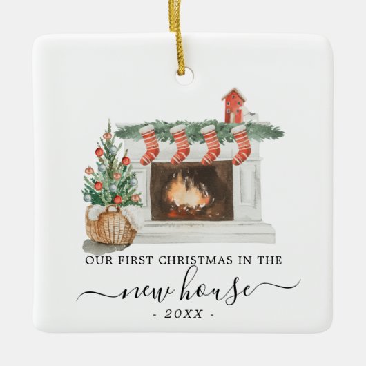 New House Christmas Ornament Wasserfarbe Feuerplat (Vorderseite)