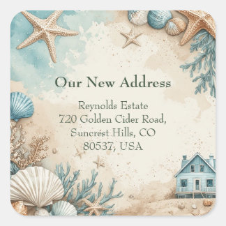 New House Seaside Beach House Coastal Marine Life Quadratischer Aufkleber