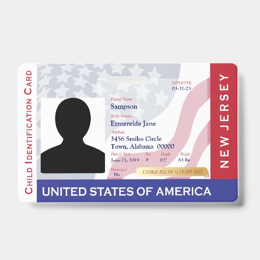 NEW JERSEY - Child ID - USA Flag Background Abzeic Ausweis (Vorderseite)
