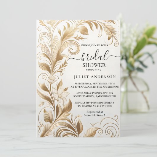 New Lace Floral Gold Foil Embosses Brautparty Einladung (Stehend Vorderseite)