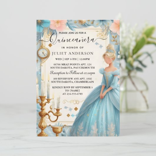 New Lamp Ivory Ice Sky Gold Light Blue Quinceanera Einladung (Stehend Vorderseite)