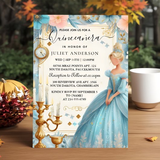 New Lamp Ivory Ice Sky Gold Light Blue Quinceanera Einladung