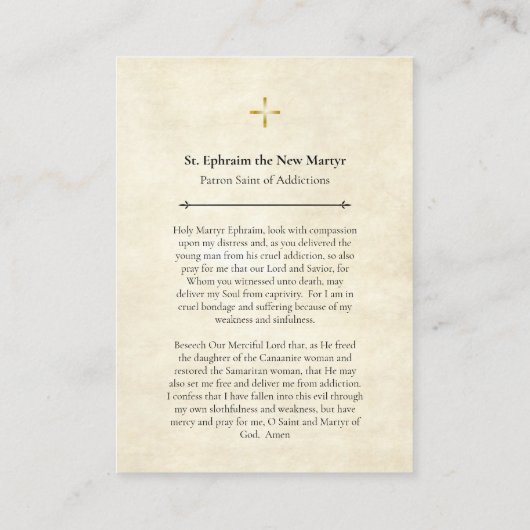 New Martyr Ephraim Patron Saint Addiction Prayer Platzkarte (Rückseite)