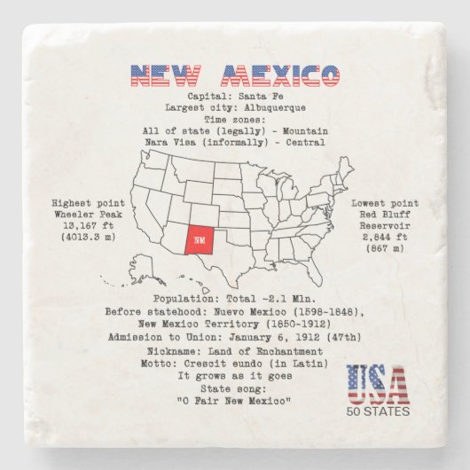 New Mexico American Staat auf der Karte und nützli Steinuntersetzer (Vorderseite)