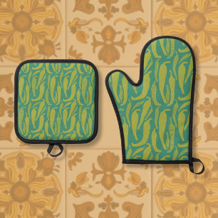 New Mexico Hatch Grüner Chile Inspiriert Handgezei Ofenhandschuh & Topflappen-Set