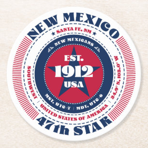 New Mexico Red White Blue Typografy Runder Pappuntersetzer
