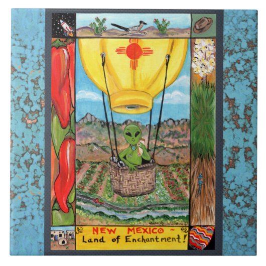 New Mexico Souvenir Alien Balloon Zia Tile Trivet Fliese (Vorderseite)