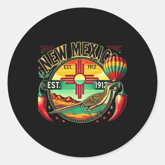 New Mexico Zia Symbol, Roadrunner &amp; Chile Pepp Runder Aufkleber (Vorderseite)