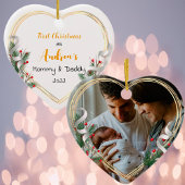 New Mommy Daddy Holly & Pine Gold Frame Foto Keramik Ornament