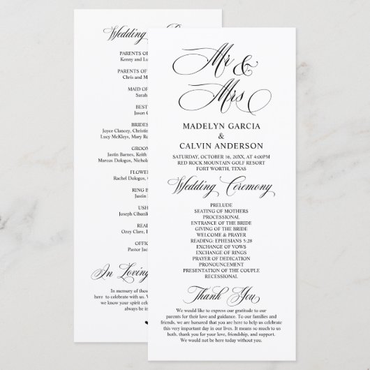 New Mr. and Mrs., Classy Wedding Zeremonie Programm (Vorne/Hinten)