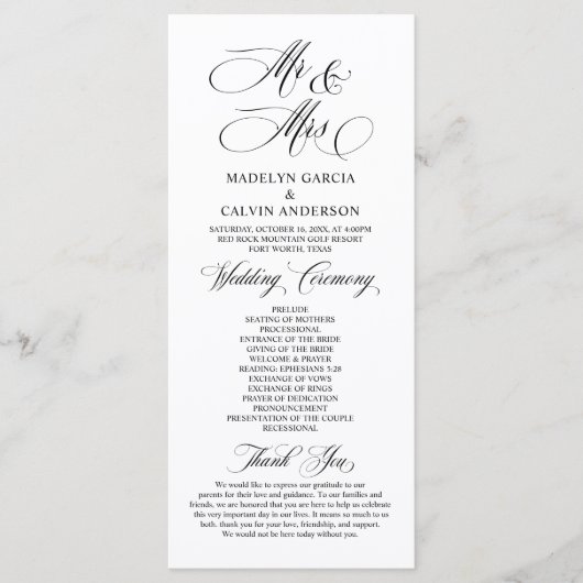 New Mr. and Mrs., Classy Wedding Zeremonie Programm (Vorderseite)