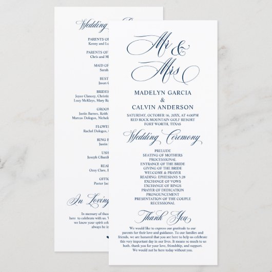 New Mr. and Mrs., Navy Blue, Wedding Zeremony Prog Programm (Vorne/Hinten)
