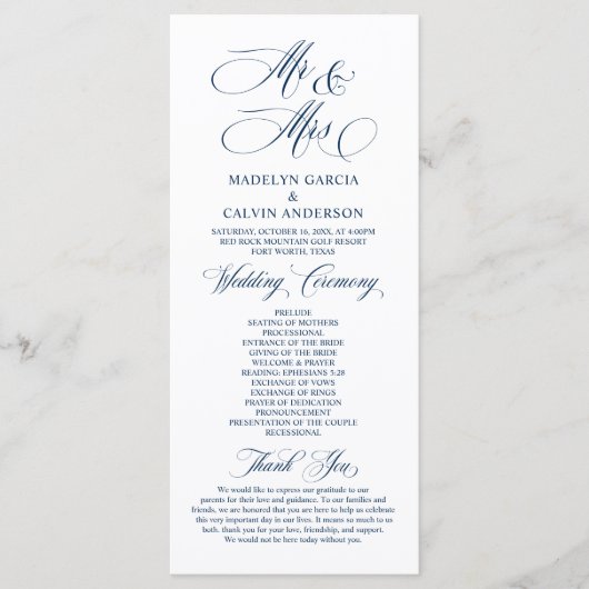 New Mr. and Mrs., Navy Blue, Wedding Zeremony Prog Programm (Vorderseite)