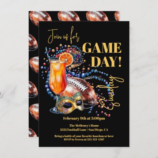 New Orleans Football Party Game Day Mardi Gras Einladung (Vorne/Hinten)