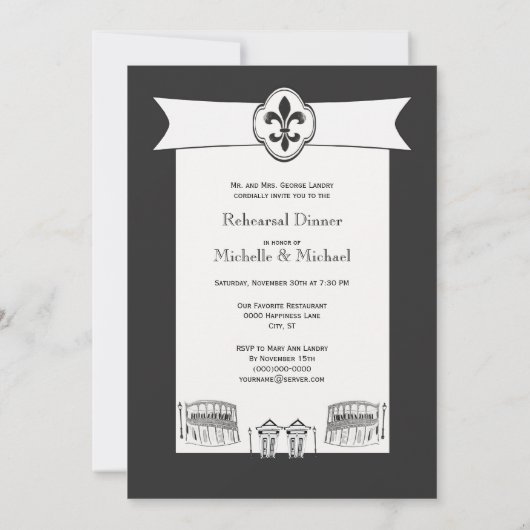 New Orleans Hochzeitsessen Probe Schwarz-weiß Einladung (Rückseite)