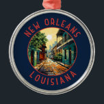 New Orleans Louisiana Retro Distressed Circle Ornament Aus Metall<br><div class="desc">New Orleans Retro Vektor Reise Design. Das "Big Easy" heißt es,  es ist bekannt für sein rund um die Uhr geöffnetes Nachtleben,  die lebendige Live-Musik-Szene und die würzige,  einzigartige Küche,  die seine Geschichte als Schmelztiegel der französischen,  afrikanischen und amerikanischen Kulturen widerspiegelt.</div>